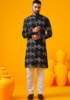 Black Thread Work Poly Blend Kurta For Men