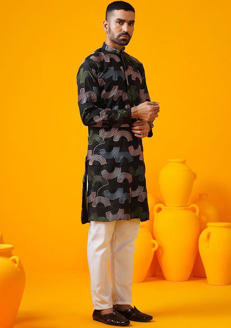 Black Thread Work Poly Blend Kurta For Men