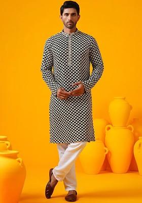 Black Thread Work Poly Blend Kurta For Men