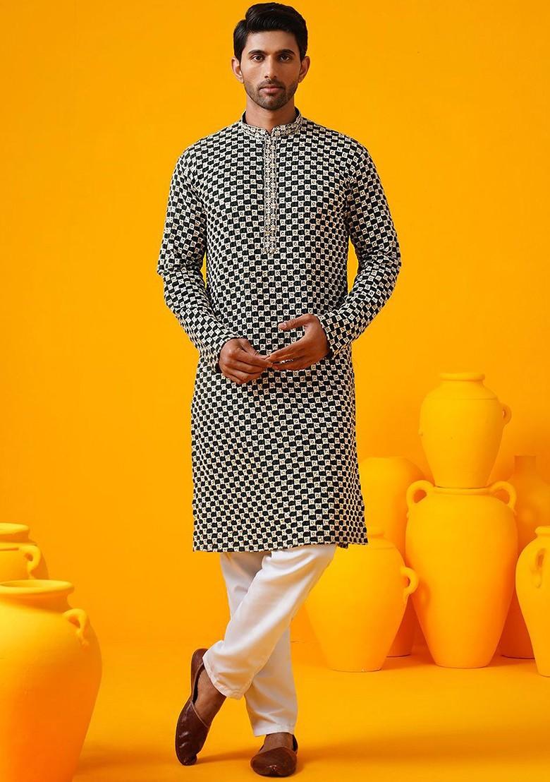 Black Thread Work Poly Blend Kurta For Men