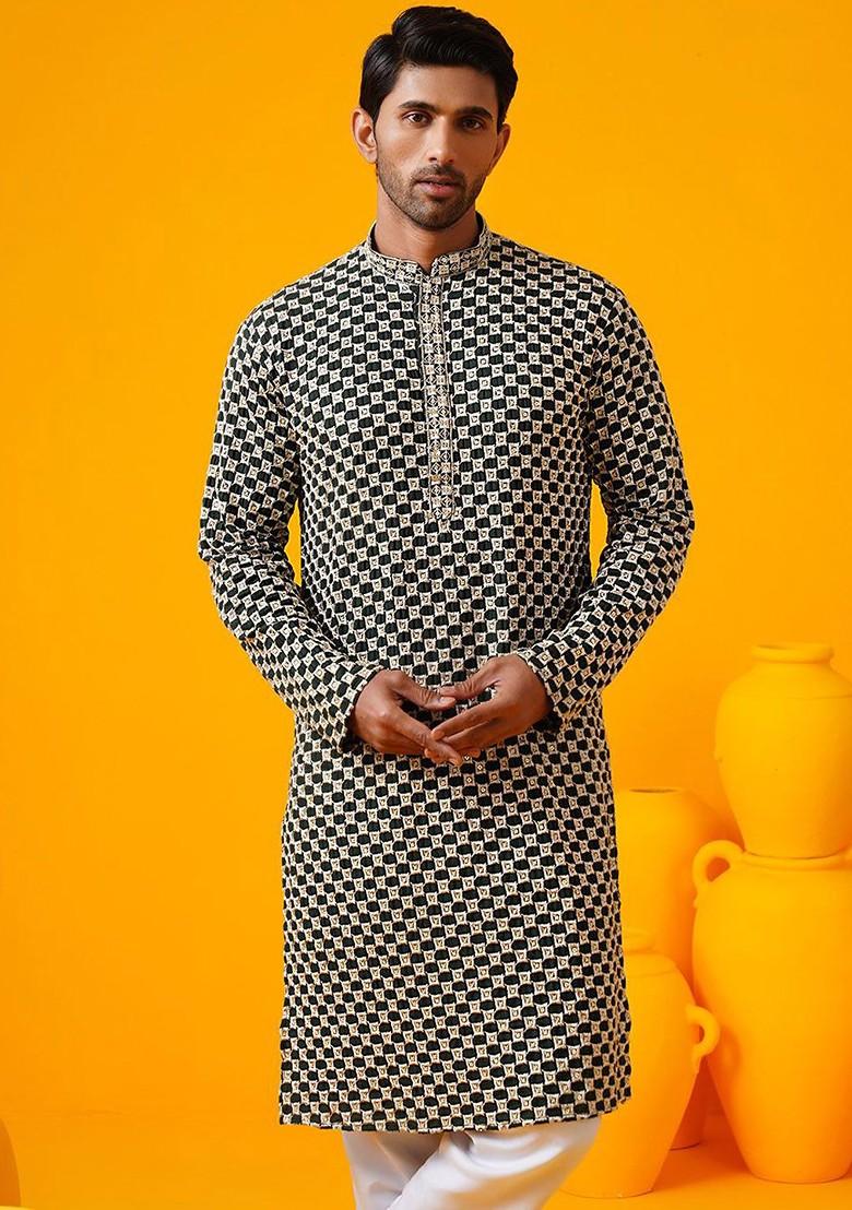 Black Thread Work Poly Blend Kurta For Men