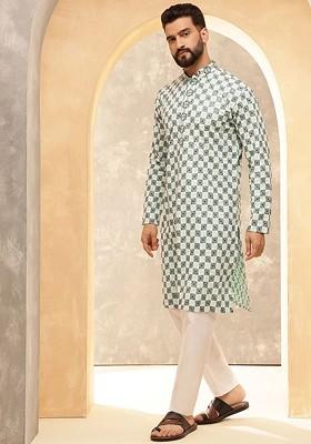Sea Green Thread Work Poly Blend Kurta For Men