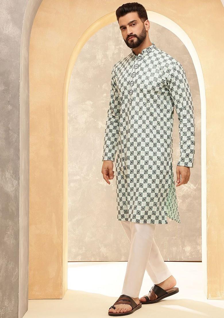 Sea Green Thread Work Poly Blend Kurta For Men