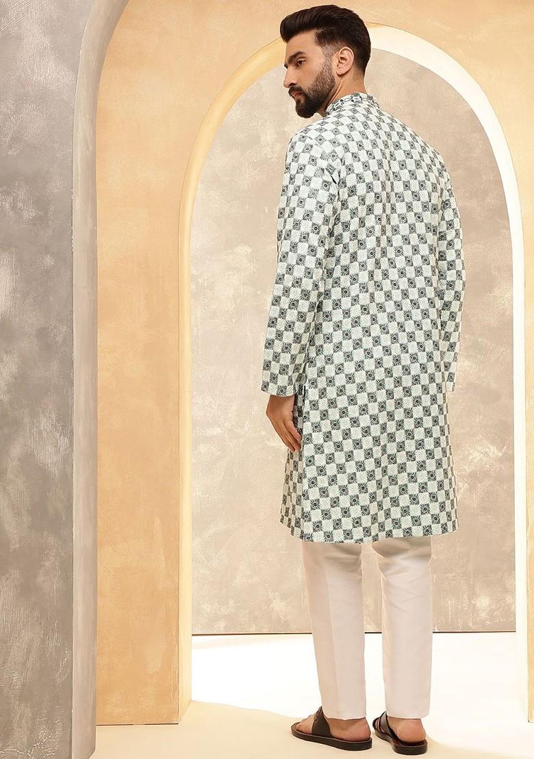 Sea Green Thread Work Poly Blend Kurta For Men