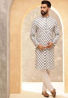 White Thread Work Poly Blend Kurta For Men
