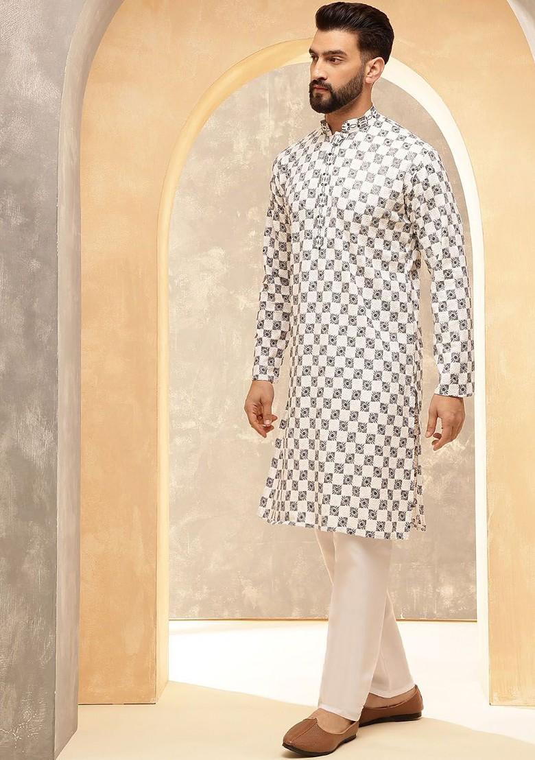 White Thread Work Poly Blend Kurta For Men