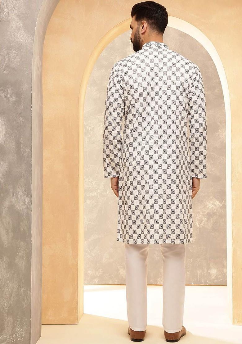 White Thread Work Poly Blend Kurta For Men