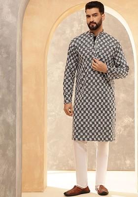 Black Thread Work Poly Blend Kurta For Men