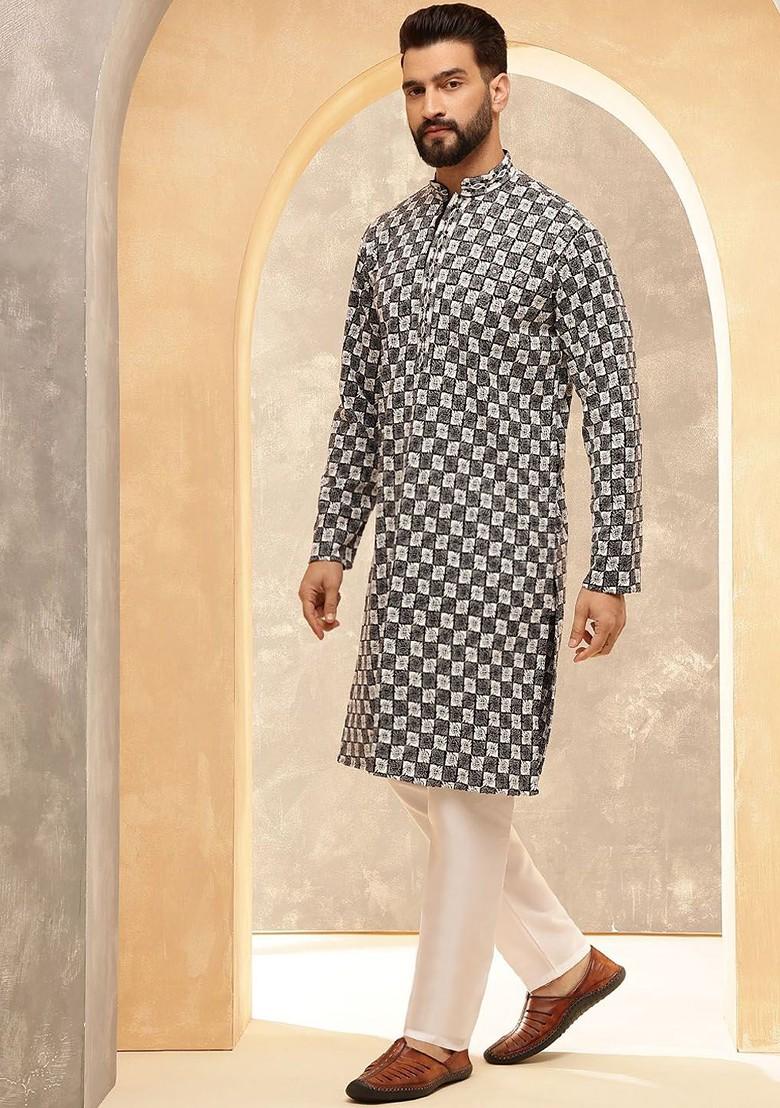 Black Thread Work Poly Blend Kurta For Men