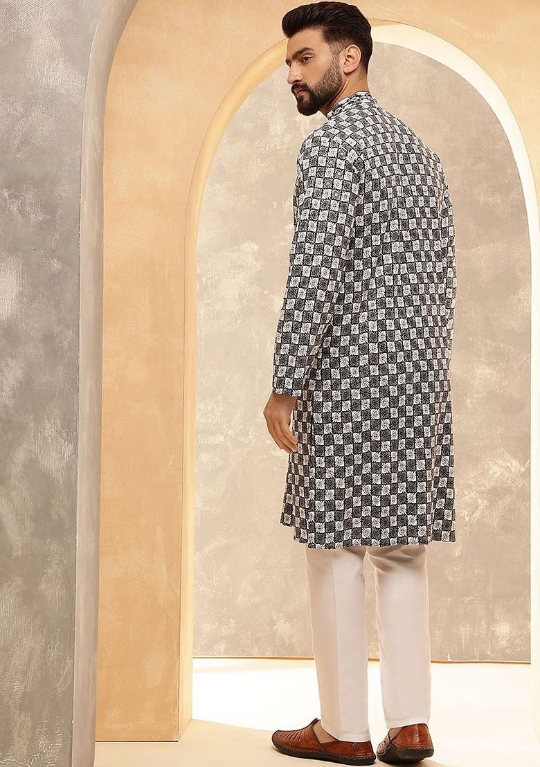 Black Thread Work Poly Blend Kurta For Men
