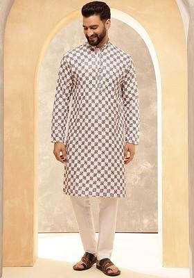 Pink Thread Work Poly Blend Kurta For Men