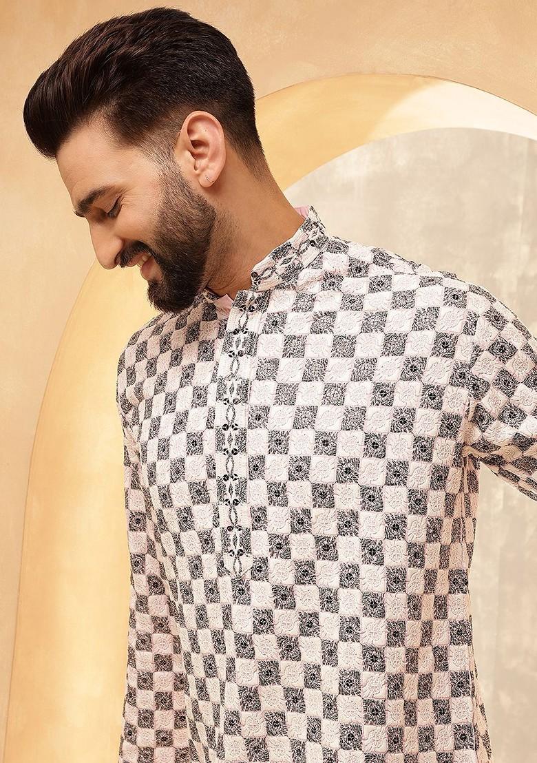 Pink Thread Work Poly Blend Kurta For Men