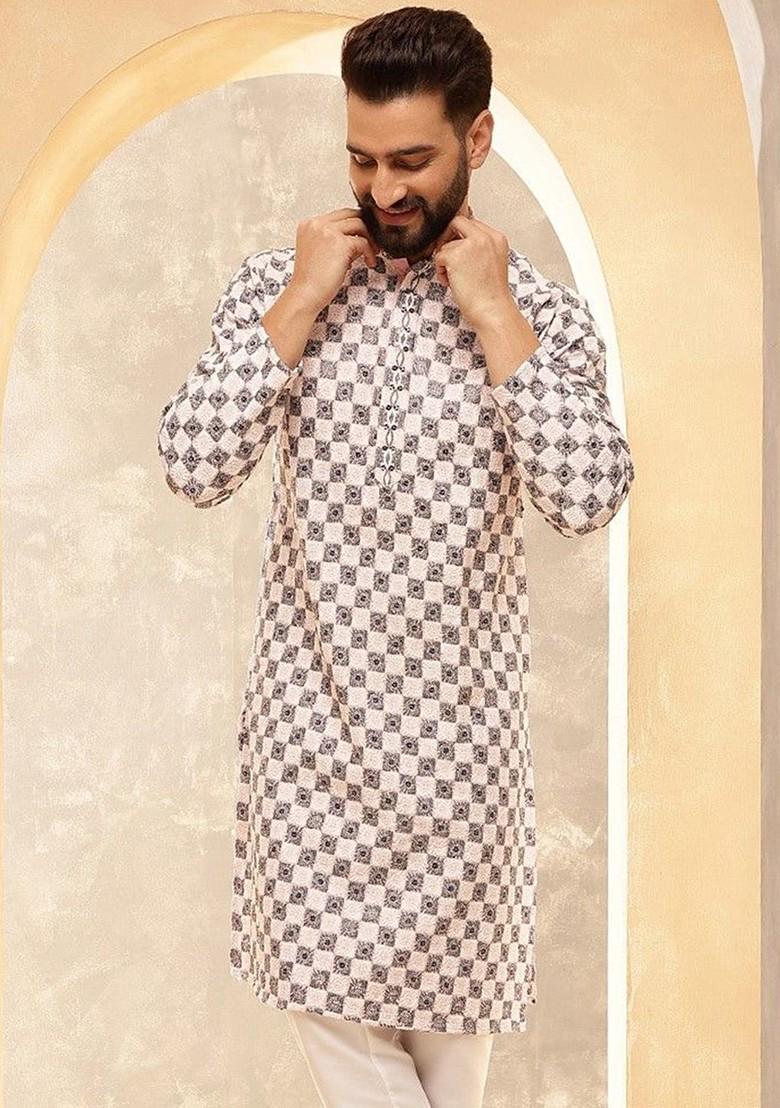 Pink Thread Work Poly Blend Kurta For Men