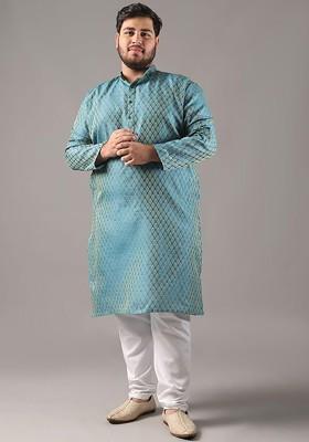 Blue Ethnic Motifs Poly Blend Kurta For Men