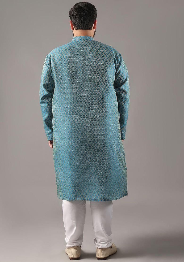 Blue Ethnic Motifs Poly Blend Kurta For Men