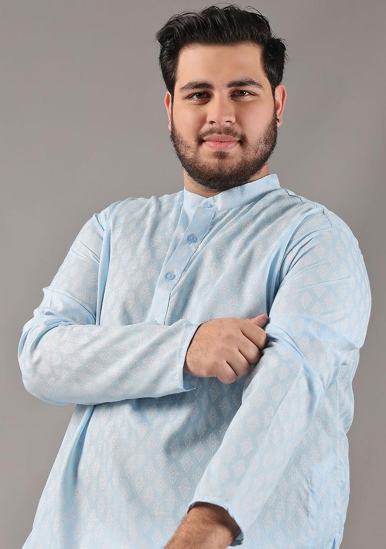 Blue Ethnic Motifs Poly Blend Kurta For Men