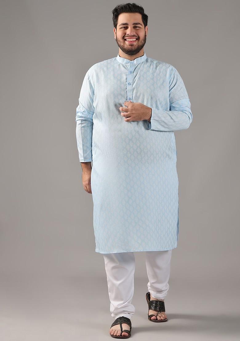 Blue Ethnic Motifs Poly Blend Kurta For Men