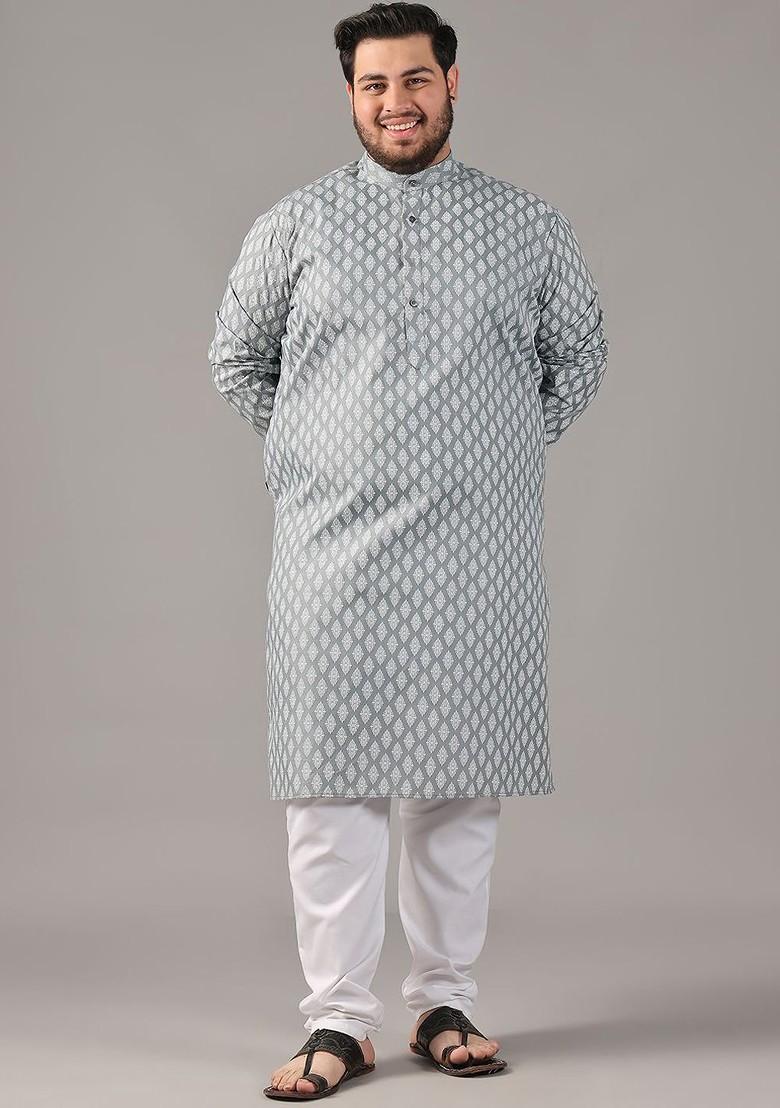 Grey Ethnic Motifs Poly Blend Kurta For Men