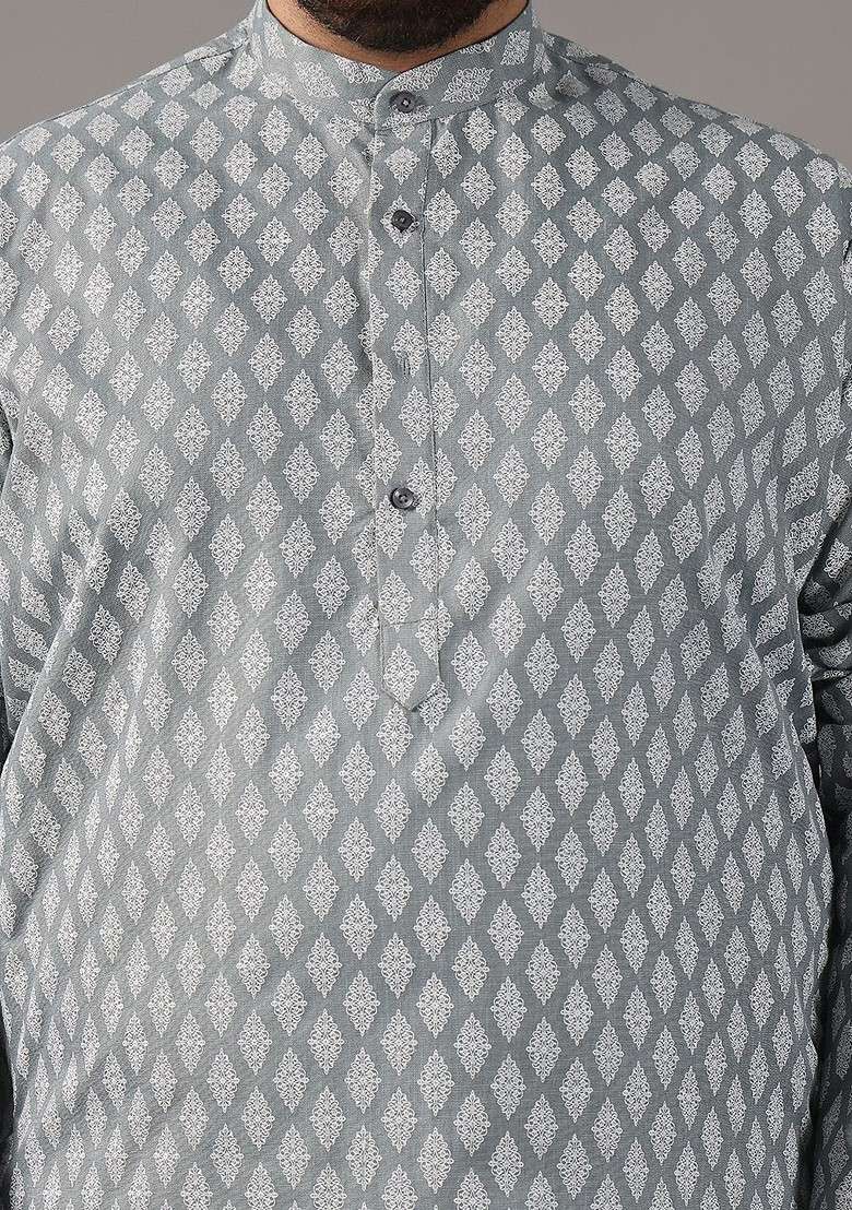 Grey Ethnic Motifs Poly Blend Kurta For Men - Indya