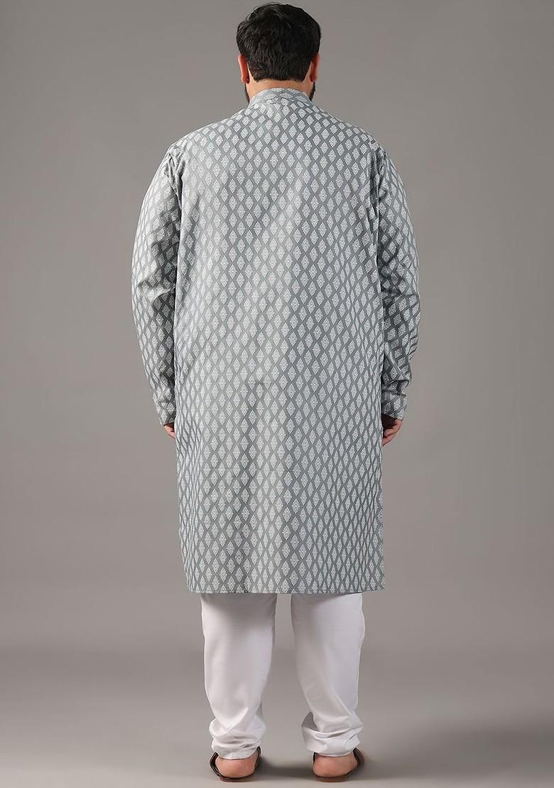 Grey Ethnic Motifs Poly Blend Kurta For Men
