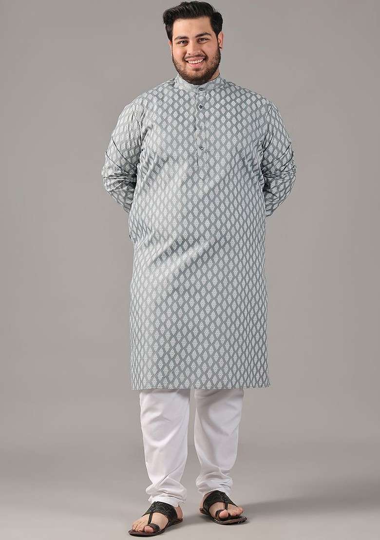 Grey Ethnic Motifs Poly Blend Kurta For Men - Indya