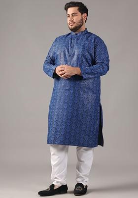 Navy Blue Ethnic Motifs Poly Blend Kurta For Men