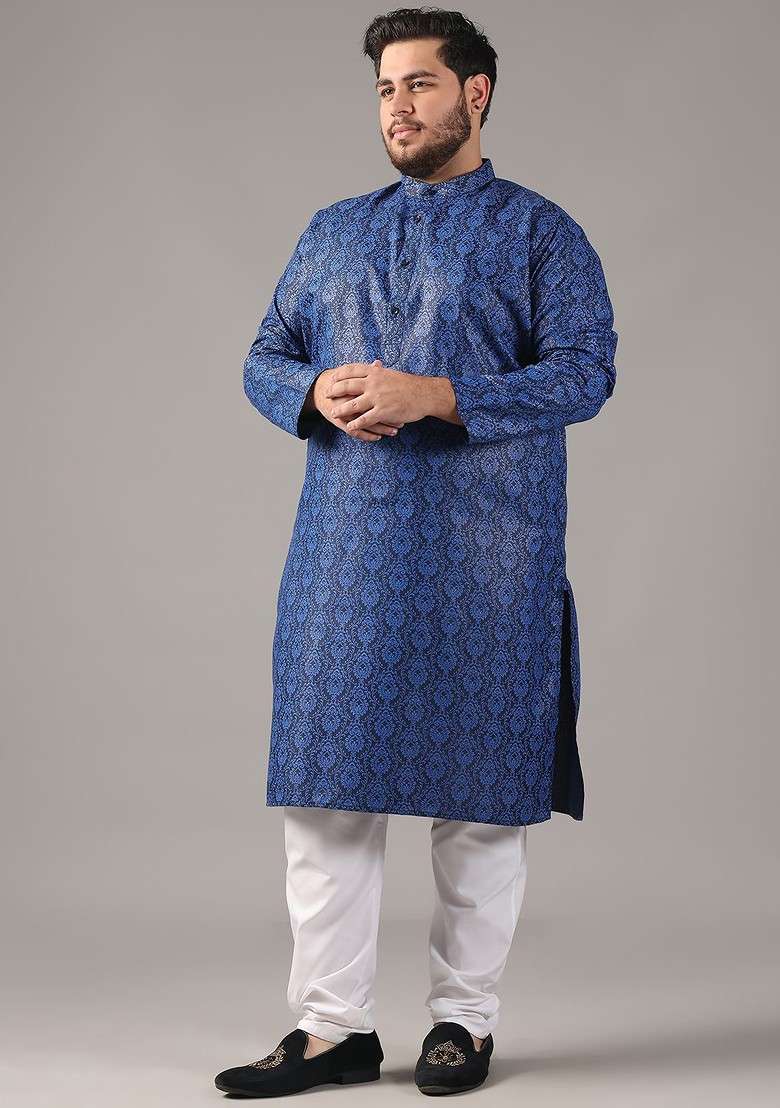 Navy Blue Ethnic Motifs Poly Blend Kurta For Men - Indya