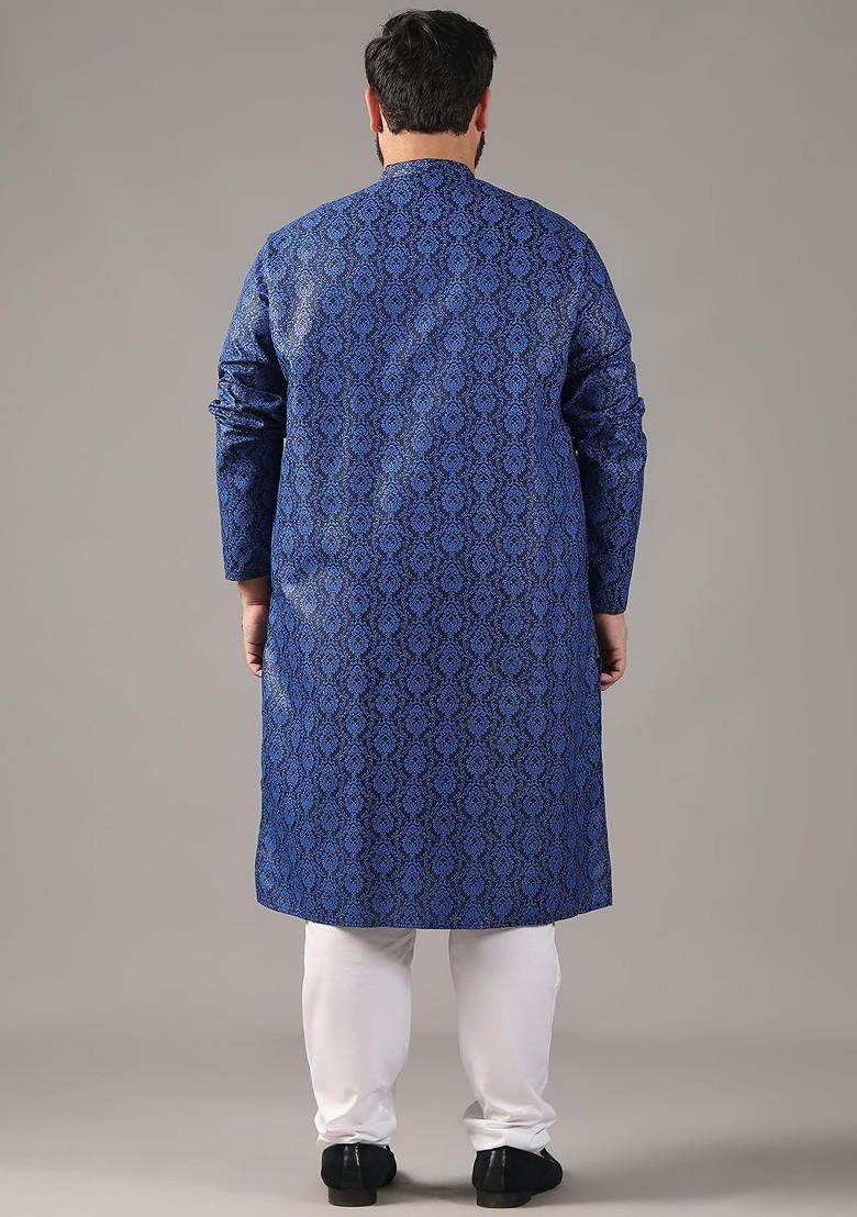 Navy Blue Ethnic Motifs Poly Blend Kurta For Men
