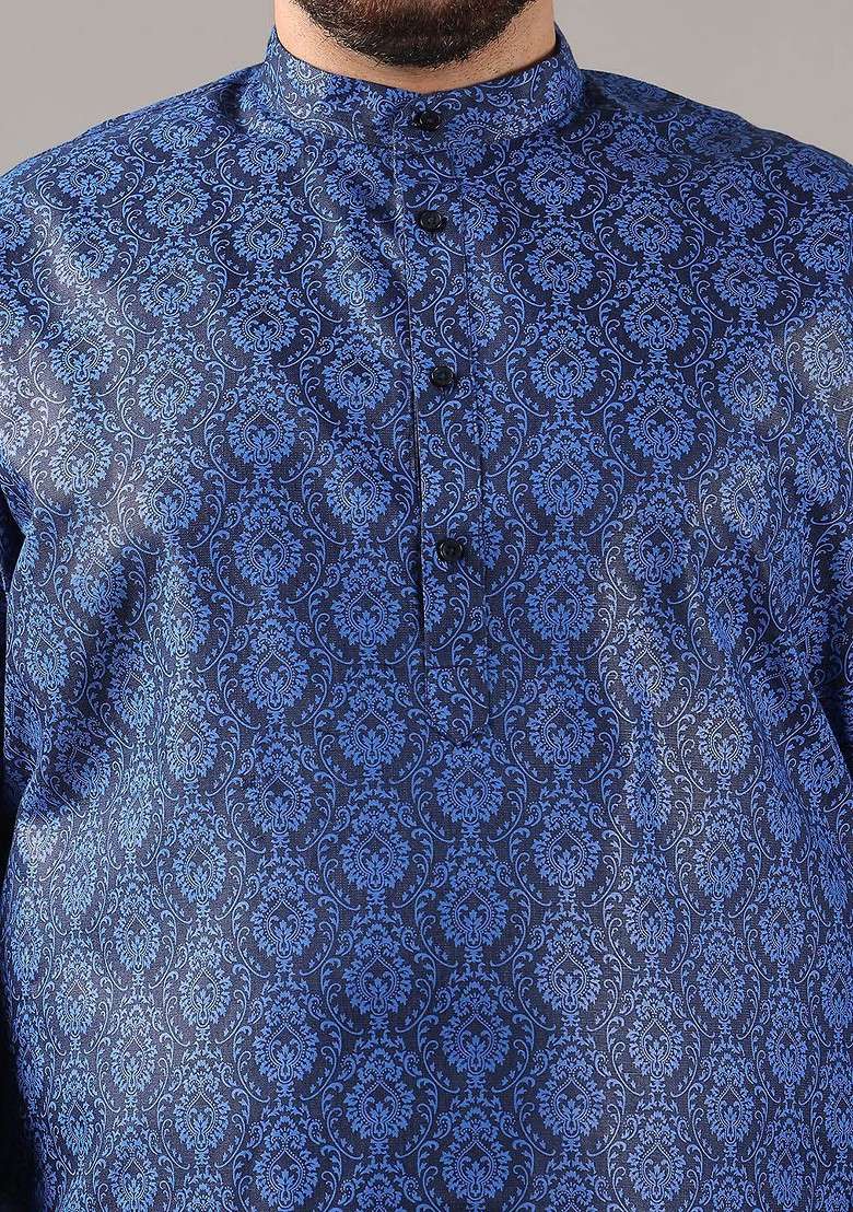 Navy Blue Ethnic Motifs Poly Blend Kurta For Men - Indya
