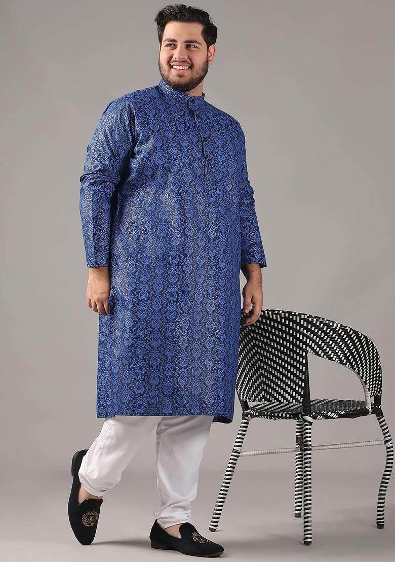 Navy Blue Ethnic Motifs Poly Blend Kurta For Men