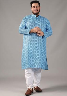 Blue Ethnic Motifs Poly Blend Kurta For Men