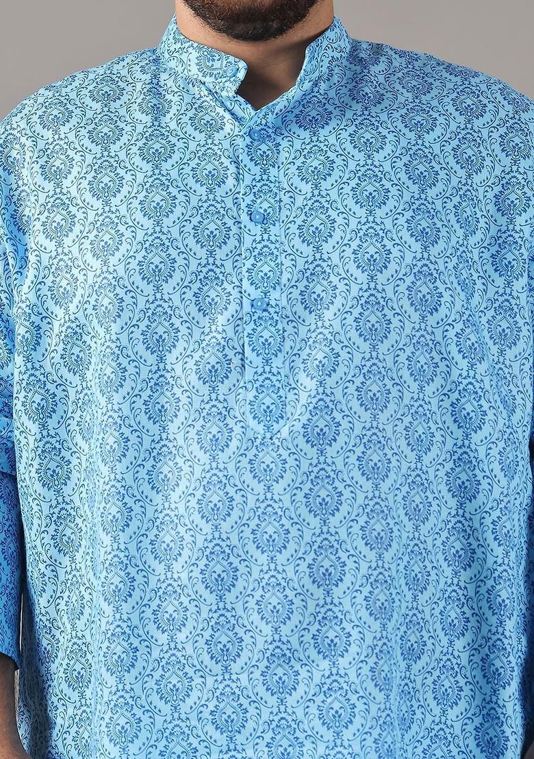 Blue Ethnic Motifs Poly Blend Kurta For Men