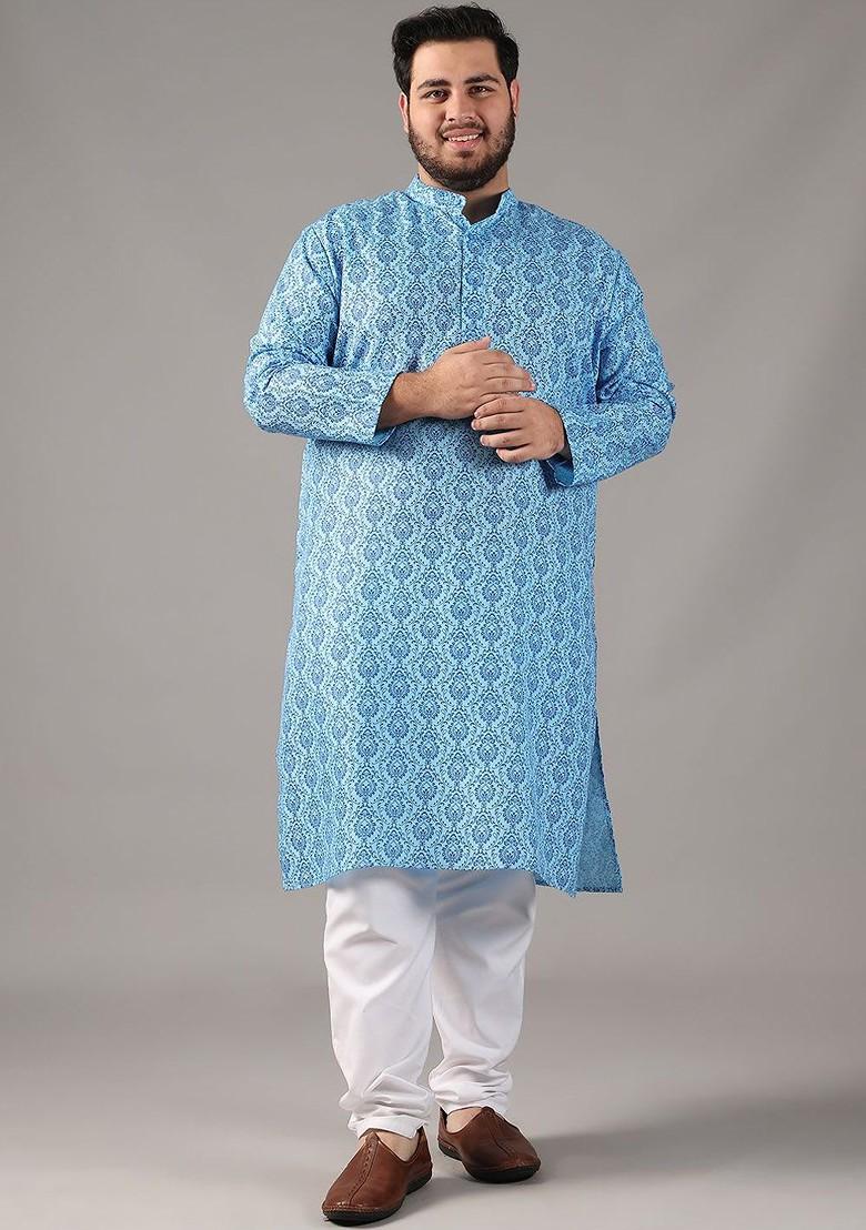 Blue Ethnic Motifs Poly Blend Kurta For Men