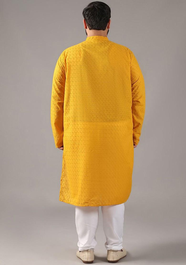 Mustard Embroidered Cotton Kurta For Men
