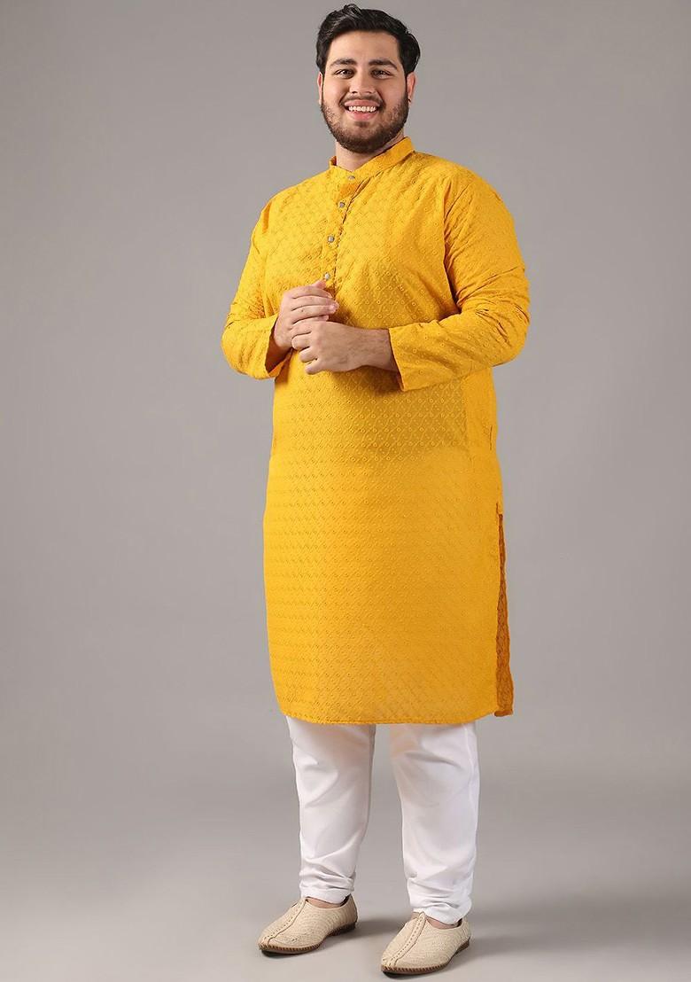 Mustard Embroidered Cotton Kurta For Men