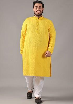 Yellow Embroidered Cotton Kurta For Men