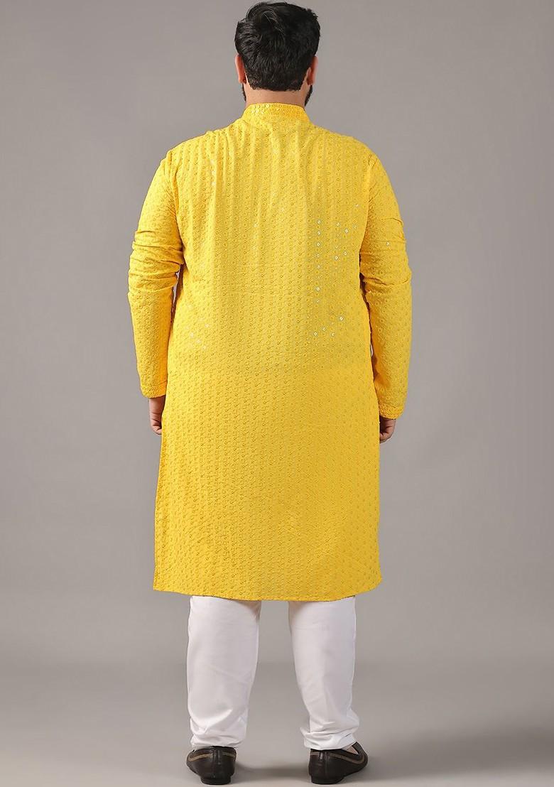 Yellow Embroidered Cotton Kurta For Men