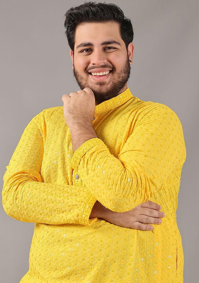 Yellow Embroidered Cotton Kurta For Men