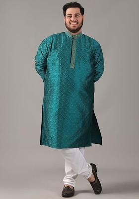 Teal Blue Woven Poly Blend Kurta For Men