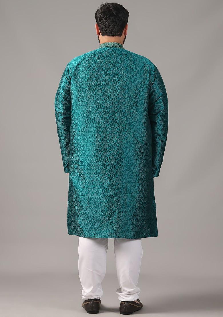 Teal Blue Woven Poly Blend Kurta For Men