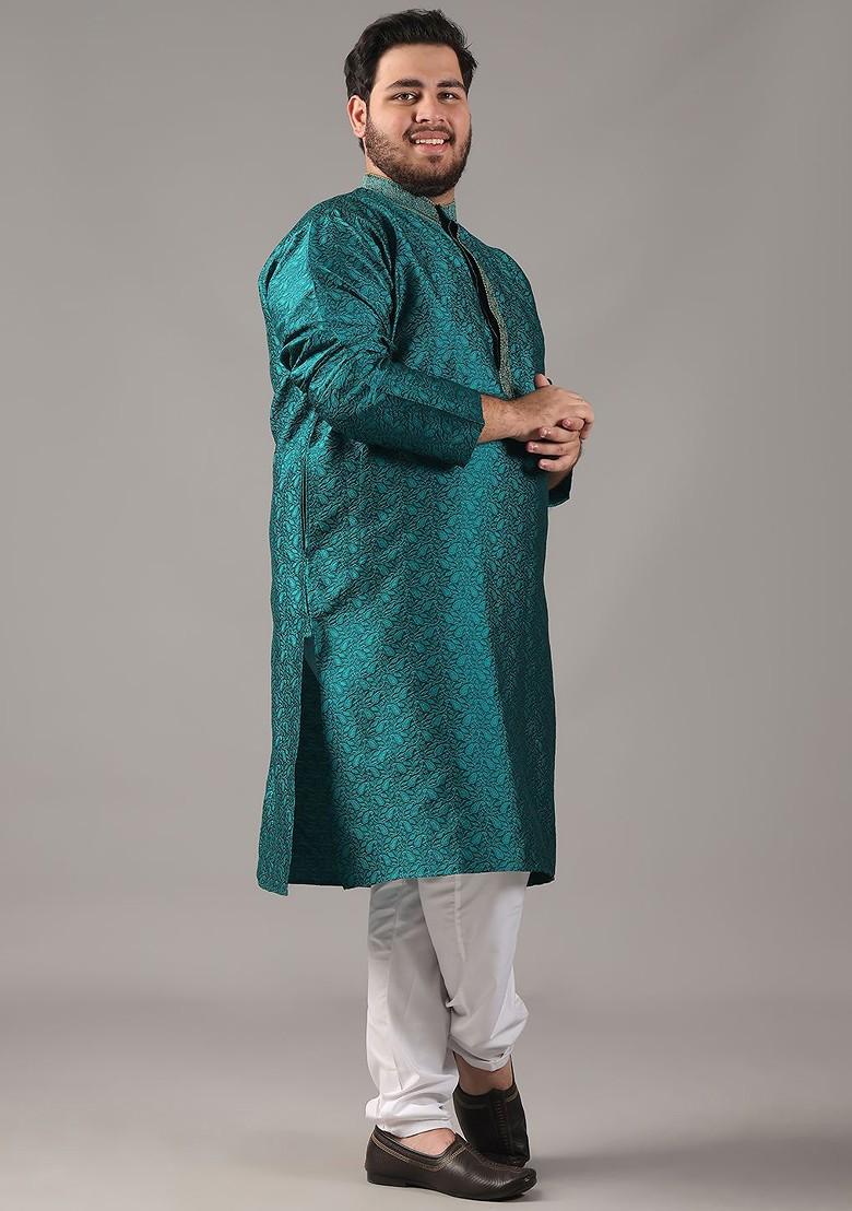 Teal Blue Woven Poly Blend Kurta For Men