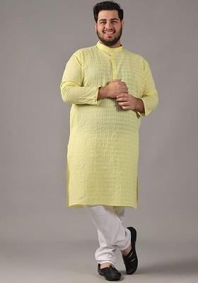 Yellow Thread Work Cotton Kurta For Men