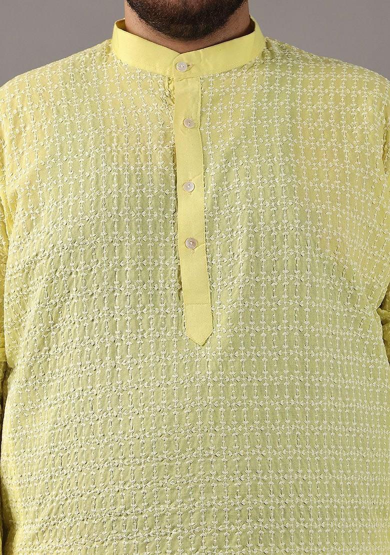 Yellow Thread Work Cotton Kurta For Men