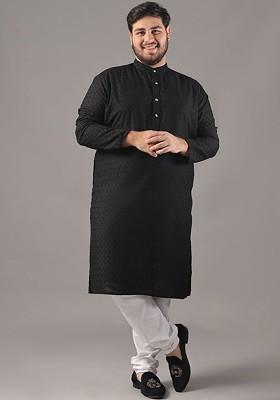 Black Embroidered Cotton Kurta For Men