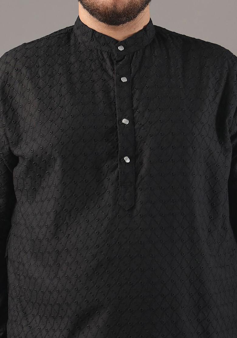 Black Embroidered Cotton Kurta For Men