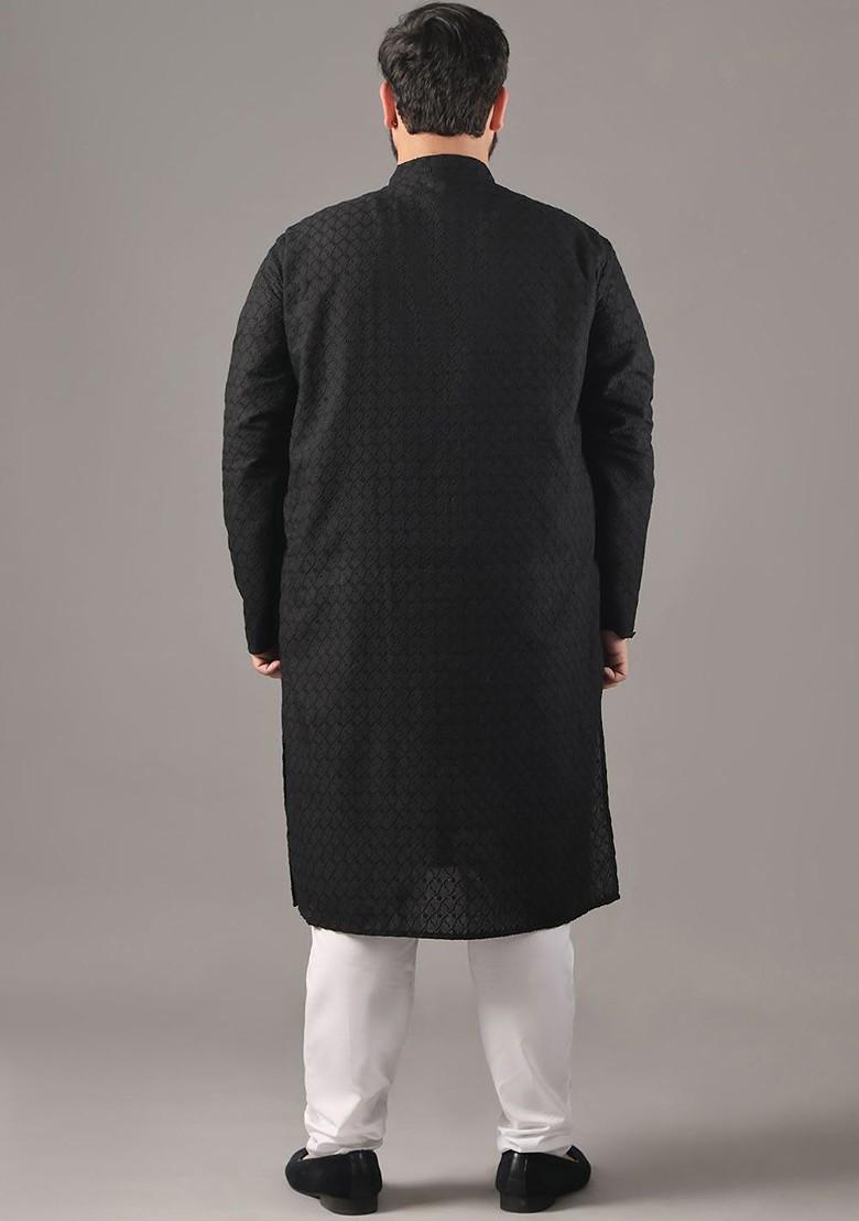 Black Embroidered Cotton Kurta For Men