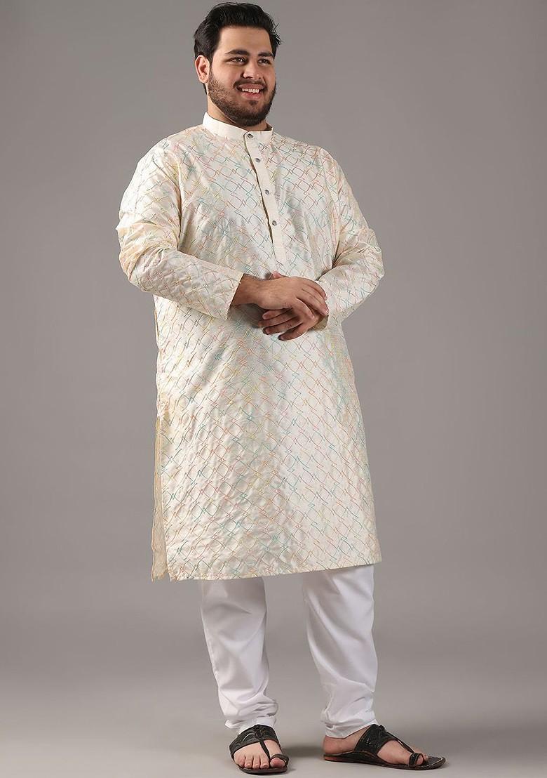 Cream Thread Work Poly Blend Kurta For Men