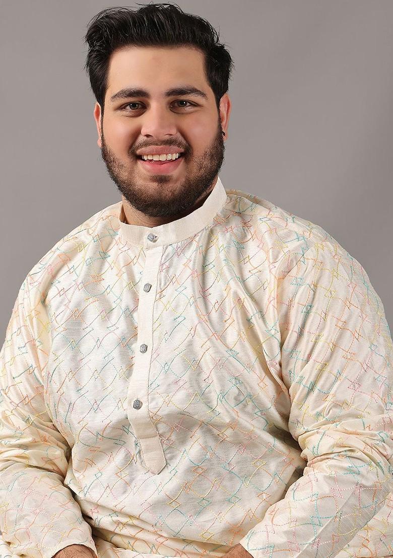 Cream Thread Work Poly Blend Kurta For Men