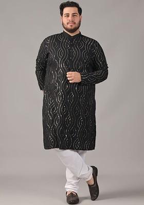 Black Embroidered Cotton Kurta For Men