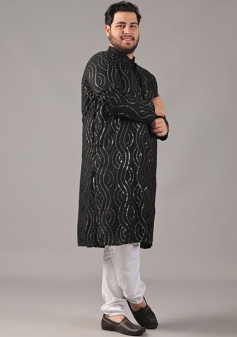 Black Embroidered Cotton Kurta For Men